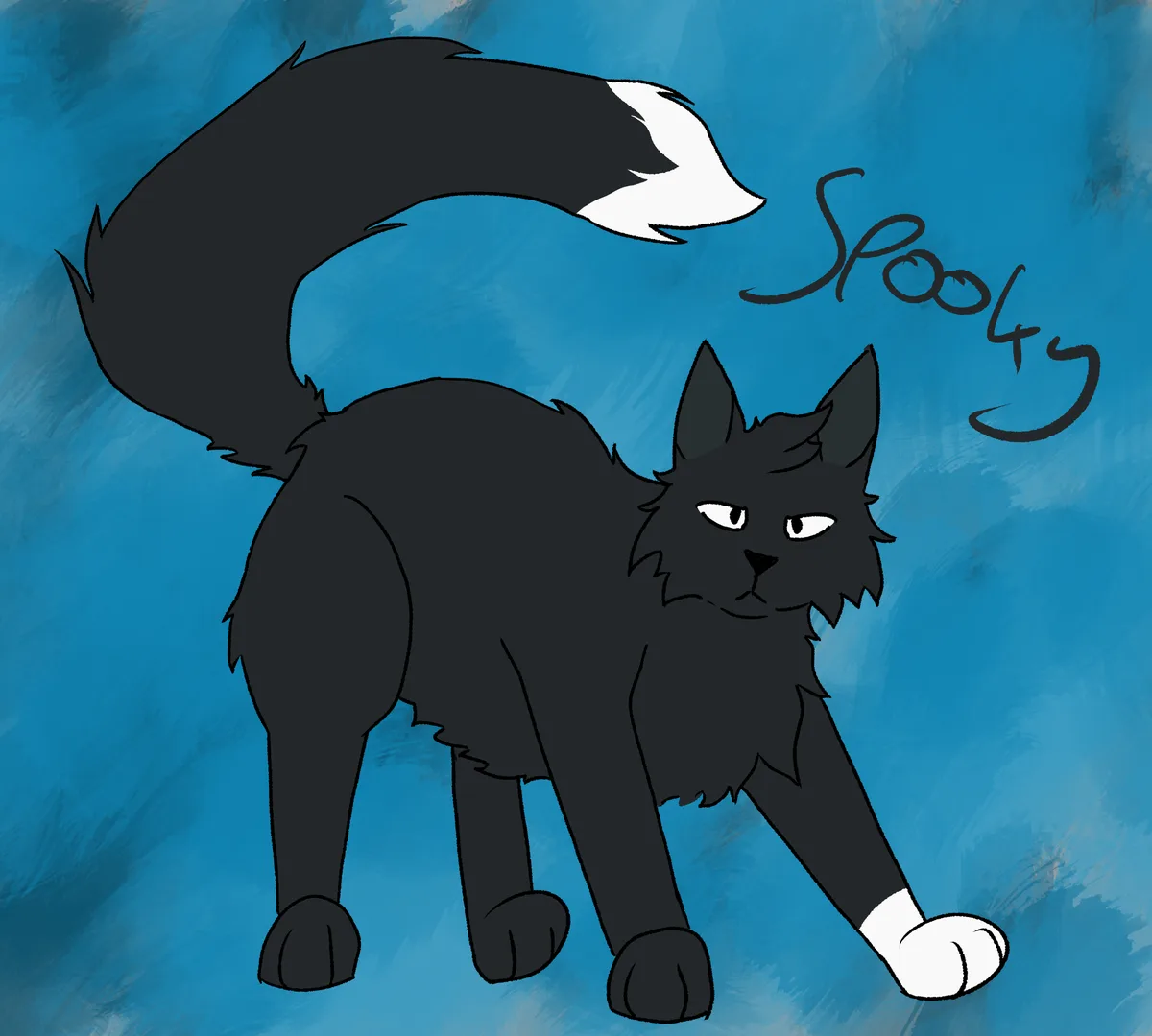 A cartoon black cat with a white-tipped tail and one white paw stands in a crouched, menacing pose against a textured blue…