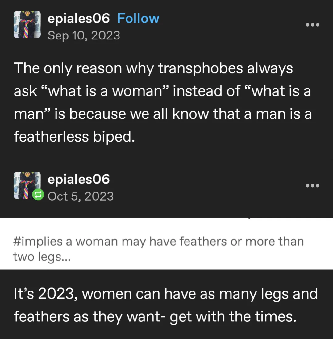 A screenshot of two social media posts by user 'epiales06', showing a joke about transphobia and definitions of gender. The…