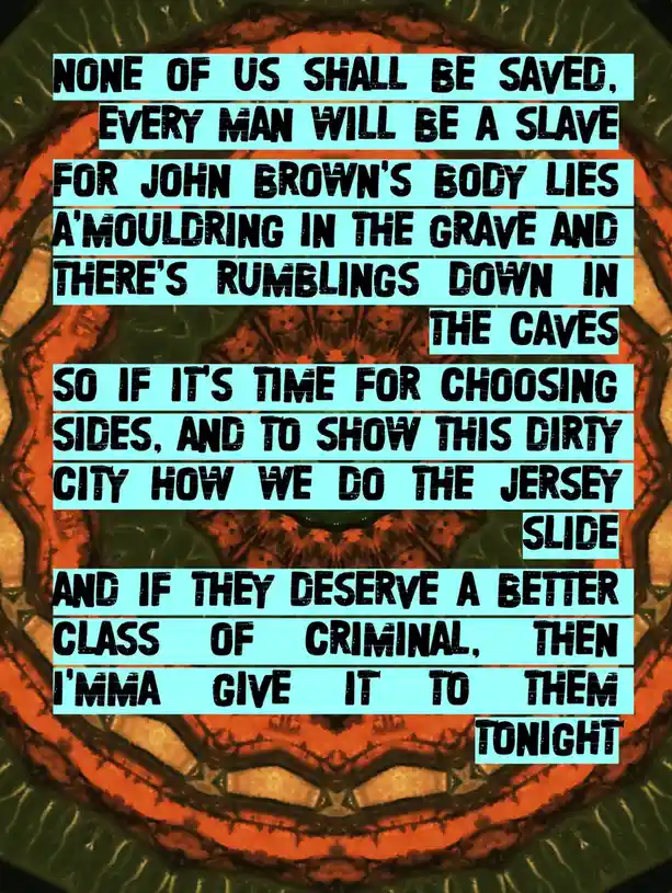The image displays a distorted, kaleidoscopic background resembling a monstrous face with glowing orange eyes and teeth…