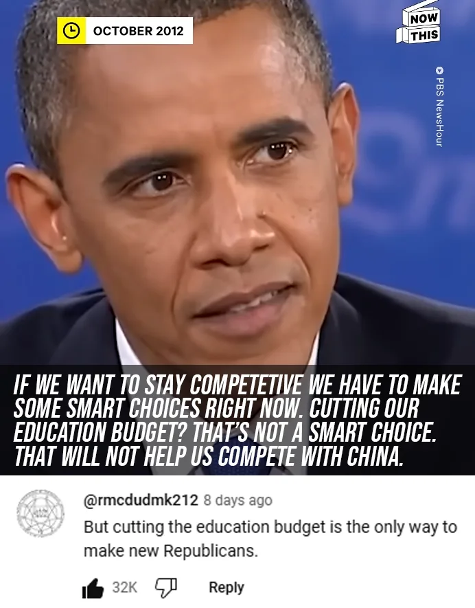 A close-up of Barack Obama from a 2012 PBS NewsHour interview, overlaid with a quote attributed to him about education…