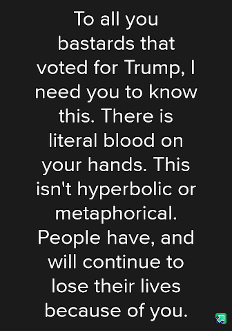 A black background with white text that reads: 'To all you bastards that voted for Trump, I need you to know this. There is…