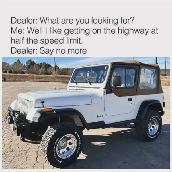 A white Jeep Wrangler with a tan soft top is parked on cracked pavement under a clear blue sky. The overlaid text reads…