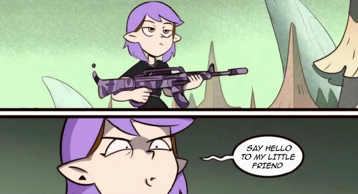A purple-haired elf-like character holds a large purple rifle in a forest setting, then in a close-up, smirks while saying…