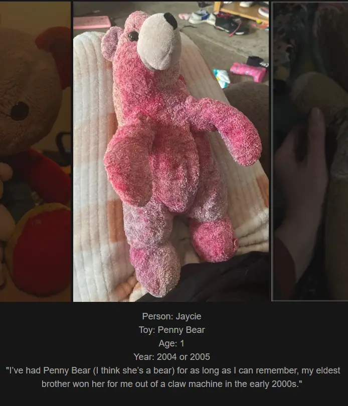 A pink, fluffy stuffed bear named Penny Bear sits on a striped blanket, flanked by other toys. Text below identifies the…