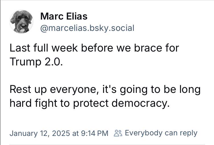 A screenshot of a social media post by Marc Elias, featuring a dog's head profile picture. The post text reads: 'Last full…