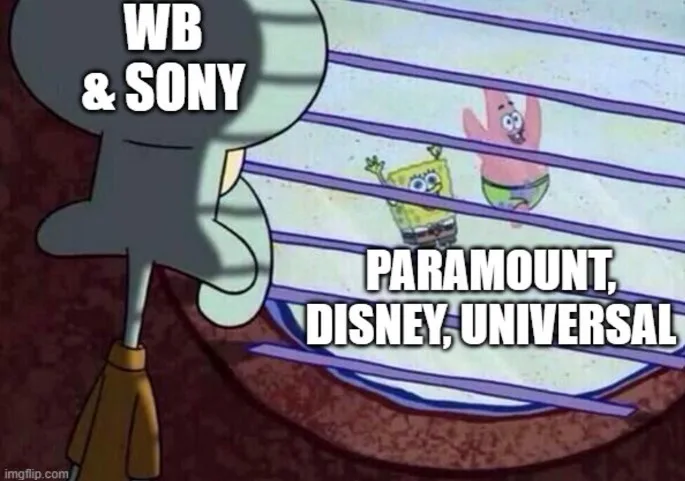 A still from SpongeBob SquarePants shows Squidward looking through blinds at SpongeBob and Patrick. Text overlaid on the…