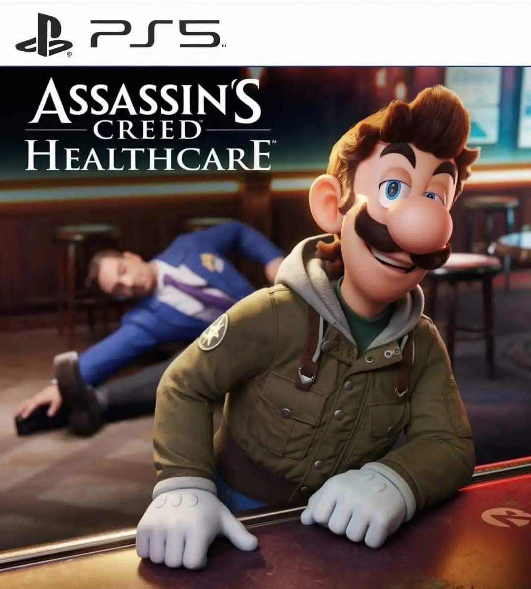 The image is a digitally altered video game cover featuring Mario in a bar setting, smiling confidently while leaning on the…