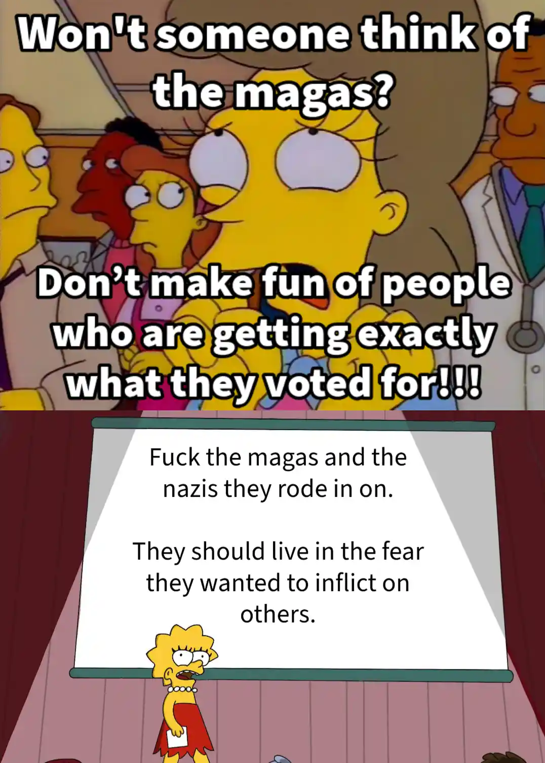 The image is a two-panel meme from The Simpsons. The top panel shows Lisa Simpson with a shocked expression, overlaid with…