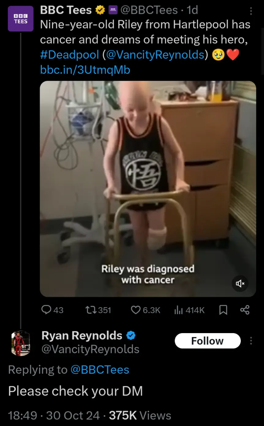 A screenshot of a Twitter thread shows a BBC Tees post about a nine-year-old boy named Riley, who is bald, using a walker in…