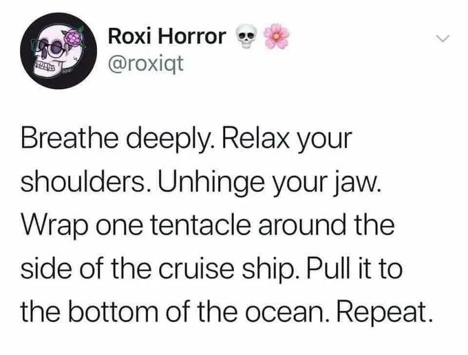 A screenshot of a tweet from user 'Roxi Horror' with a skull-and-flower profile picture. The tweet contains a list of…