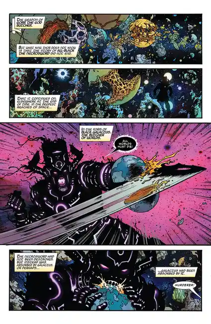 A comic book panel sequence depicts a cosmic horror scene where the Necrosword, a weapon of Gorr the God Butcher, is…