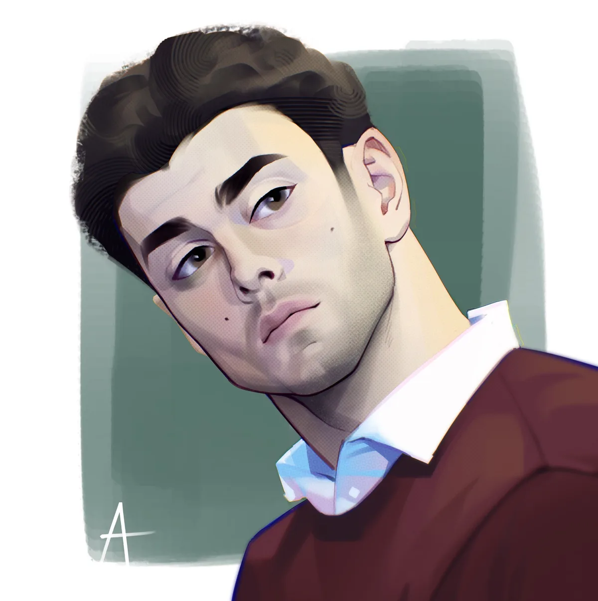 A stylized digital portrait of a young man with dark hair, wearing a red sweater over a blue patterned collared shirt…