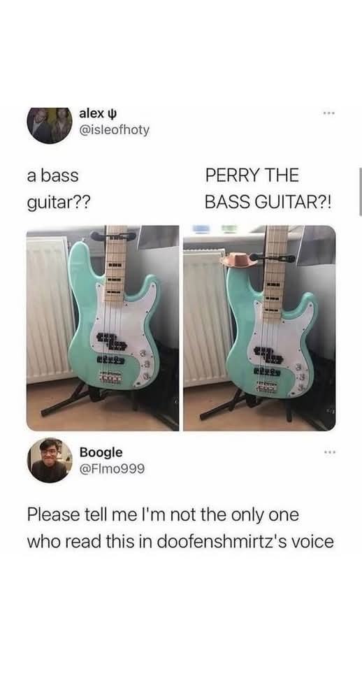 Two side-by-side images show a light blue bass guitar. The left image has text 'a bass guitar??' and the right image has…