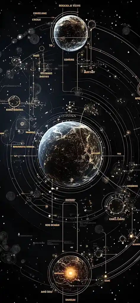 A stylized, futuristic diagram of a solar system with three planets labeled in reversed text, showing orbital paths and…