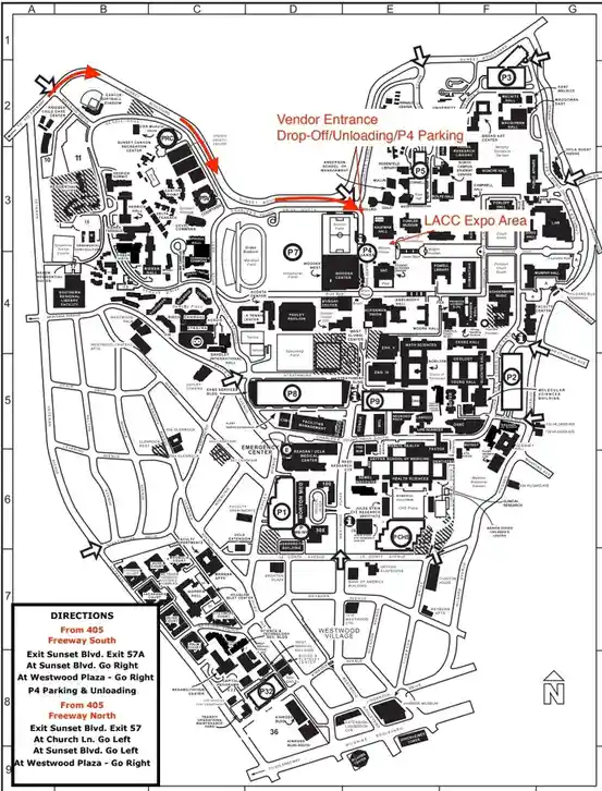 A black-and-white campus map of LACC (Los Angeles City College) with red arrows and text highlighting the 'Vendor Entrance…