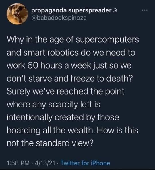 A screenshot of a tweet from the account 'propaganda superspreader' (@babadookspinoza) displays a text rant questioning why…