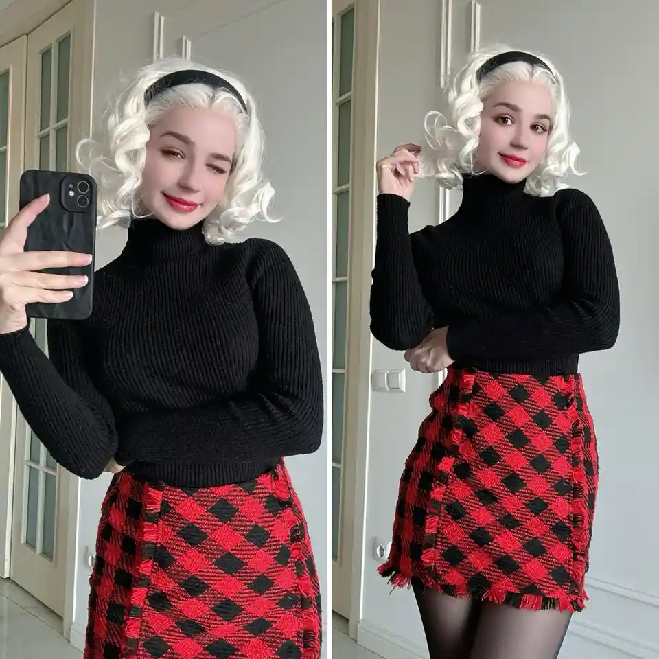 A split-screen image shows a woman with a white curly wig and black headband posing in a black turtleneck sweater and a…