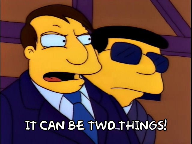 Two yellow-skinned cartoon men in suits, one with a shocked expression and the other wearing sunglasses, with the text 'IT…