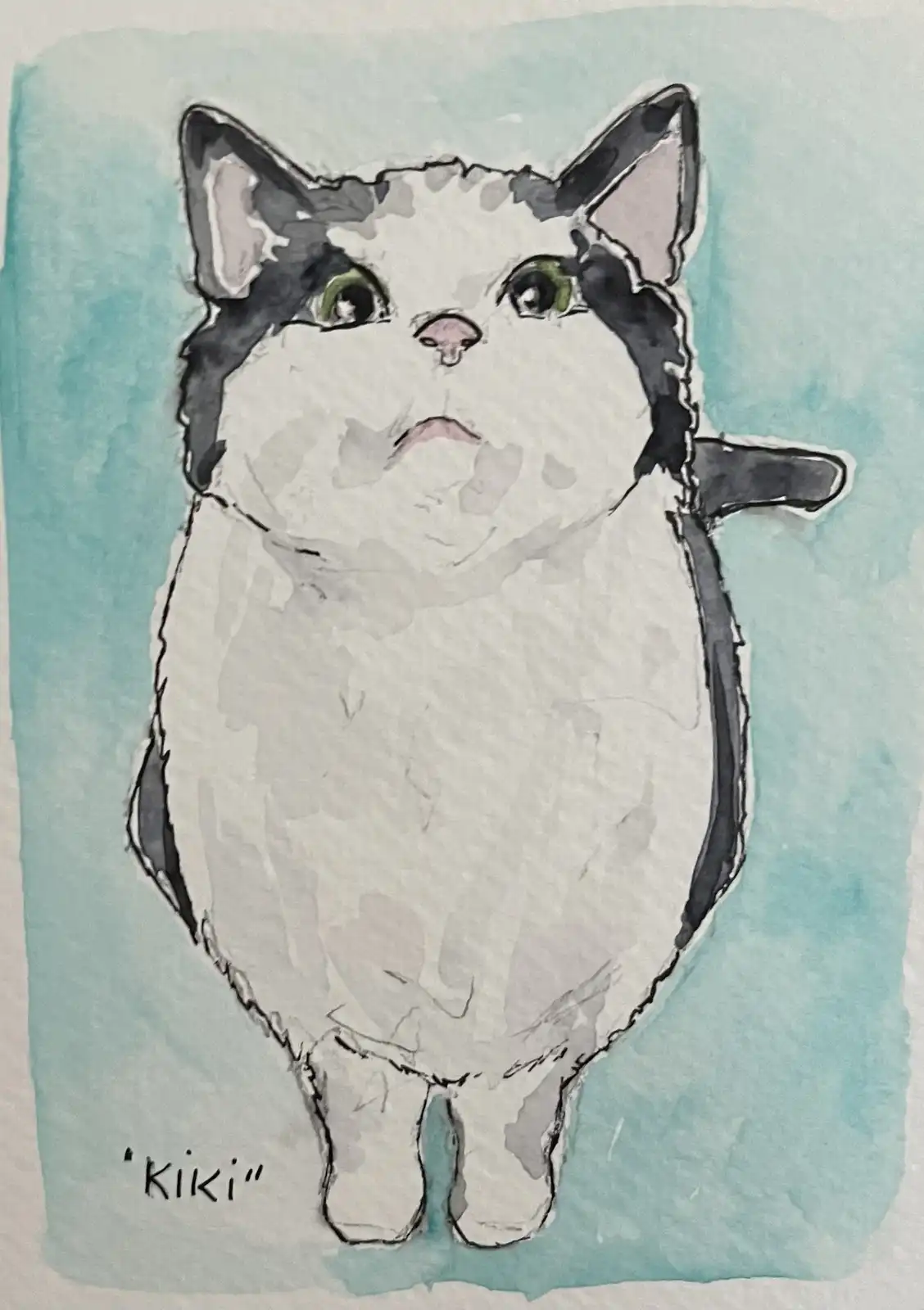 A watercolor painting of a plump, white cat with black markings on its ears, back, and tail, standing upright against a teal…