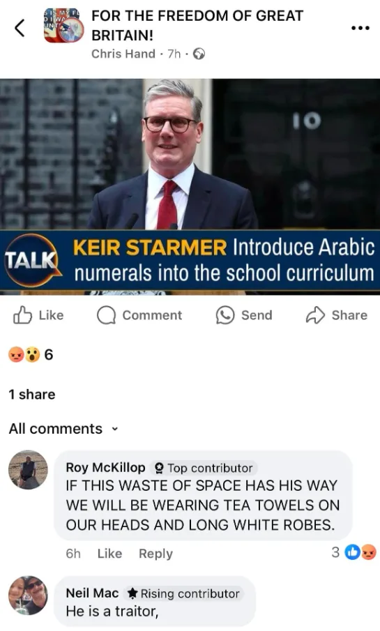 A screenshot of a Facebook post shows a photo of Keir Starmer speaking at what appears to be 10 Downing Street. A news…