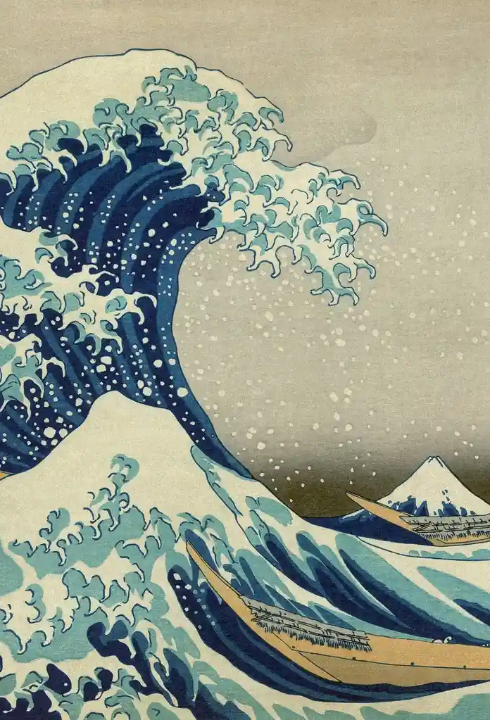 The image is a famous Japanese ukiyo-e woodblock print depicting a massive, curling blue wave threatening small boats, with…
