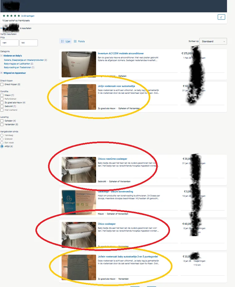 A screenshot of a Dutch online marketplace listing shows four highlighted baby-related items: a 'Jolijn voetenzak voor…