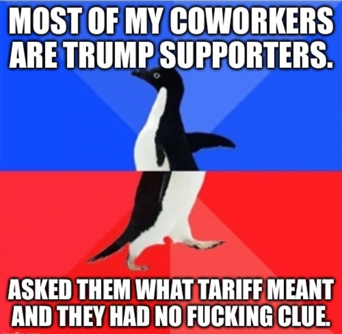 A penguin walks across a red and blue background, with bold white text at the top stating 'MOST OF MY COWORKERS ARE TRUMP…