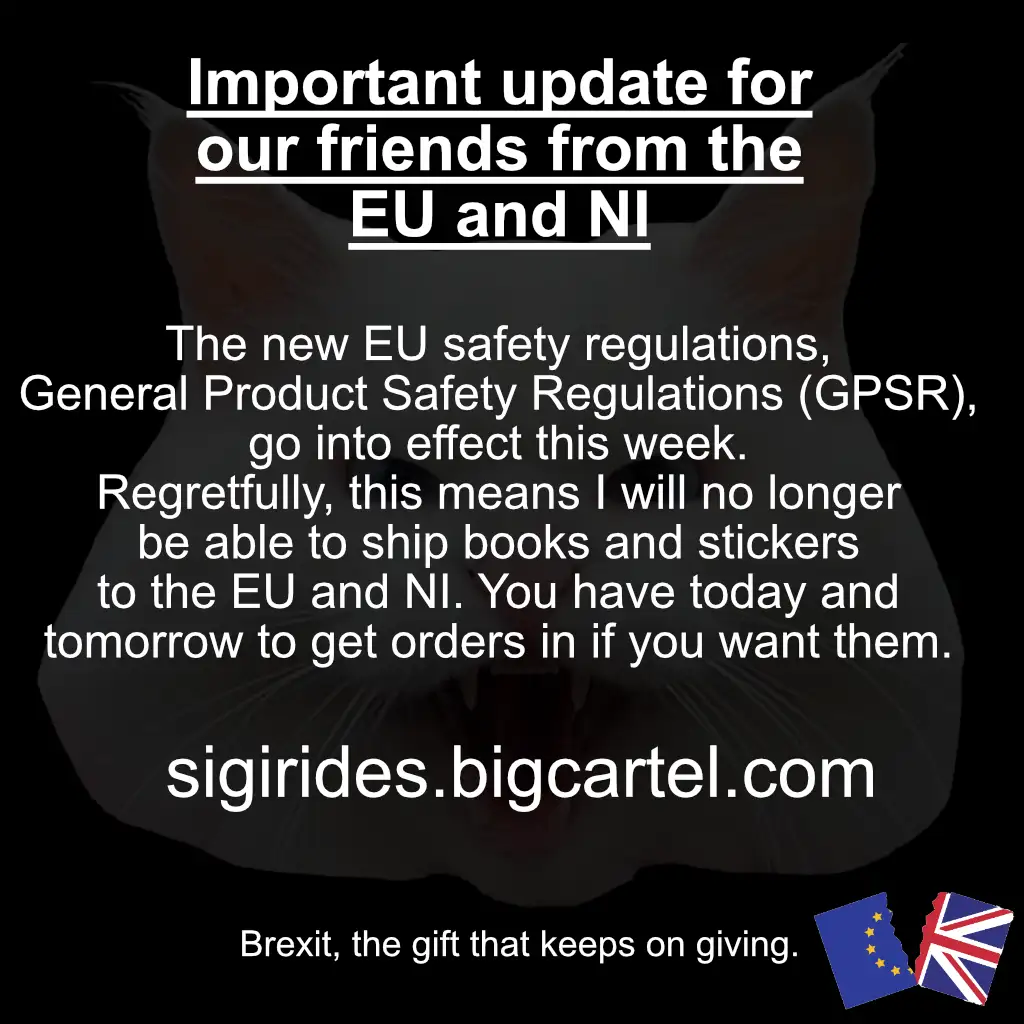 A black-and-white image of a cat's face with overlaid white text announcing an 'Important update for our friends from the EU…