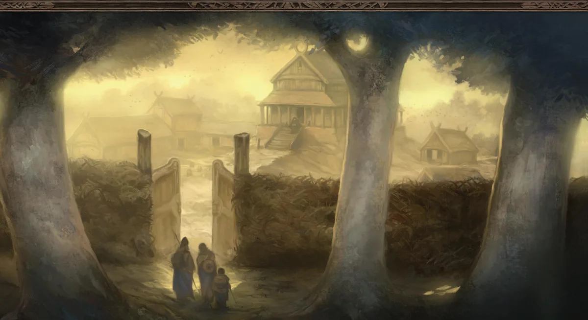 A painting depicts three figures walking through a gate into a misty, eerie village with wooden houses and a large central…