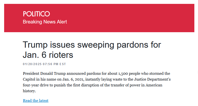 A screenshot of a Politico news article with a red header reading 'POLITICO Breaking News Alert'. The headline reads 'Trump…