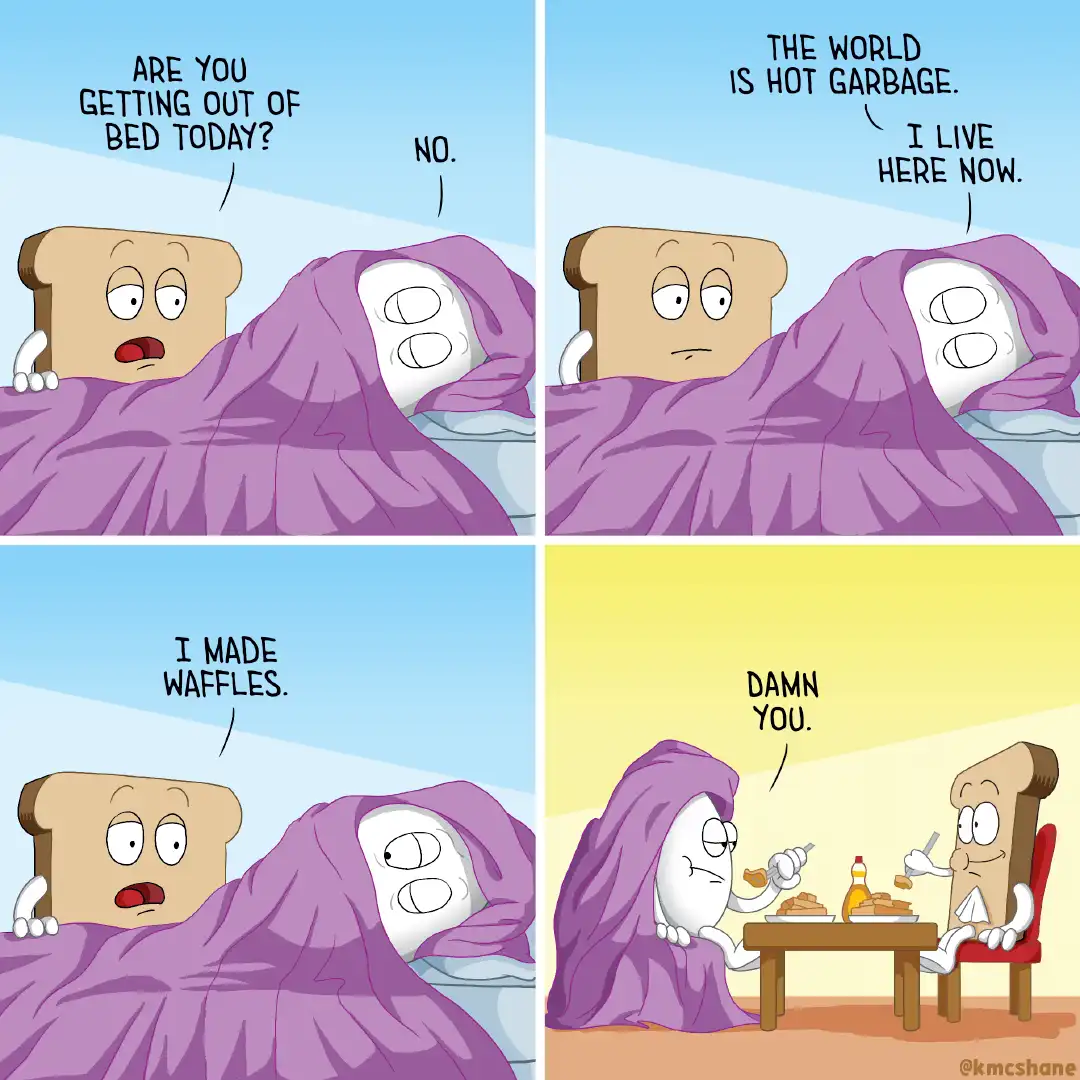 A four-panel comic shows two anthropomorphic slices of bread in bed. One asks if the other is getting out of bed, to which…