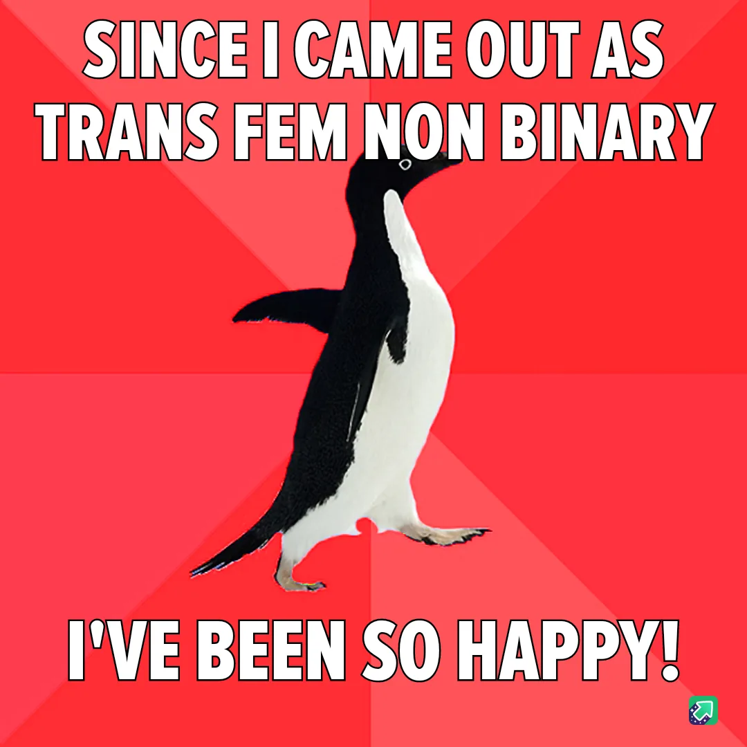 A black-and-white penguin stands upright against a red background with diagonal stripes. White bold text at the top reads…
