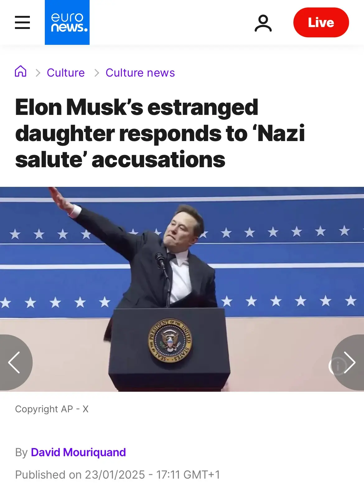 A screenshot of a EuroNews article header shows a photo of Elon Musk at a podium with the presidential seal, raising his…