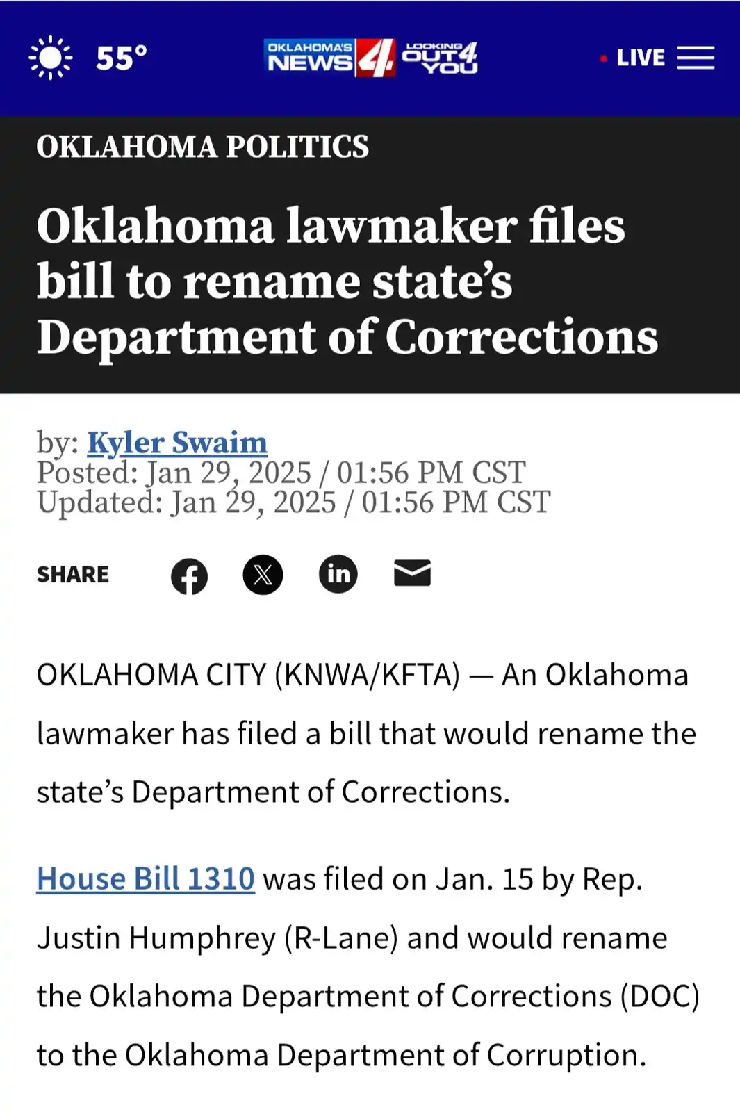 A screenshot of a news article from 'Oklahoma's News 4' shows a headline about a bill to rename the Oklahoma Department of…