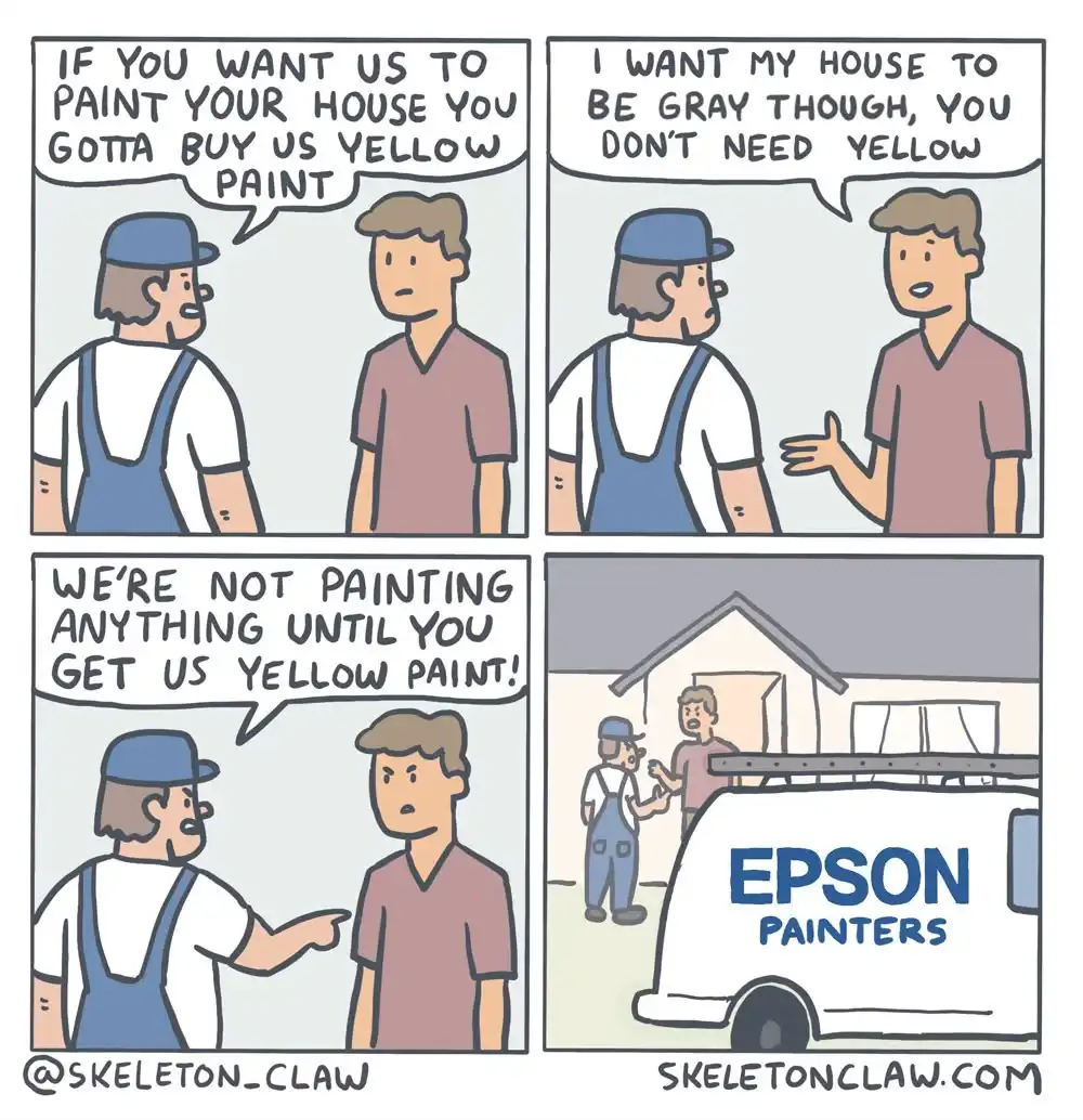 A four-panel comic shows a homeowner negotiating with painters who demand yellow paint to work. When the homeowner says he…