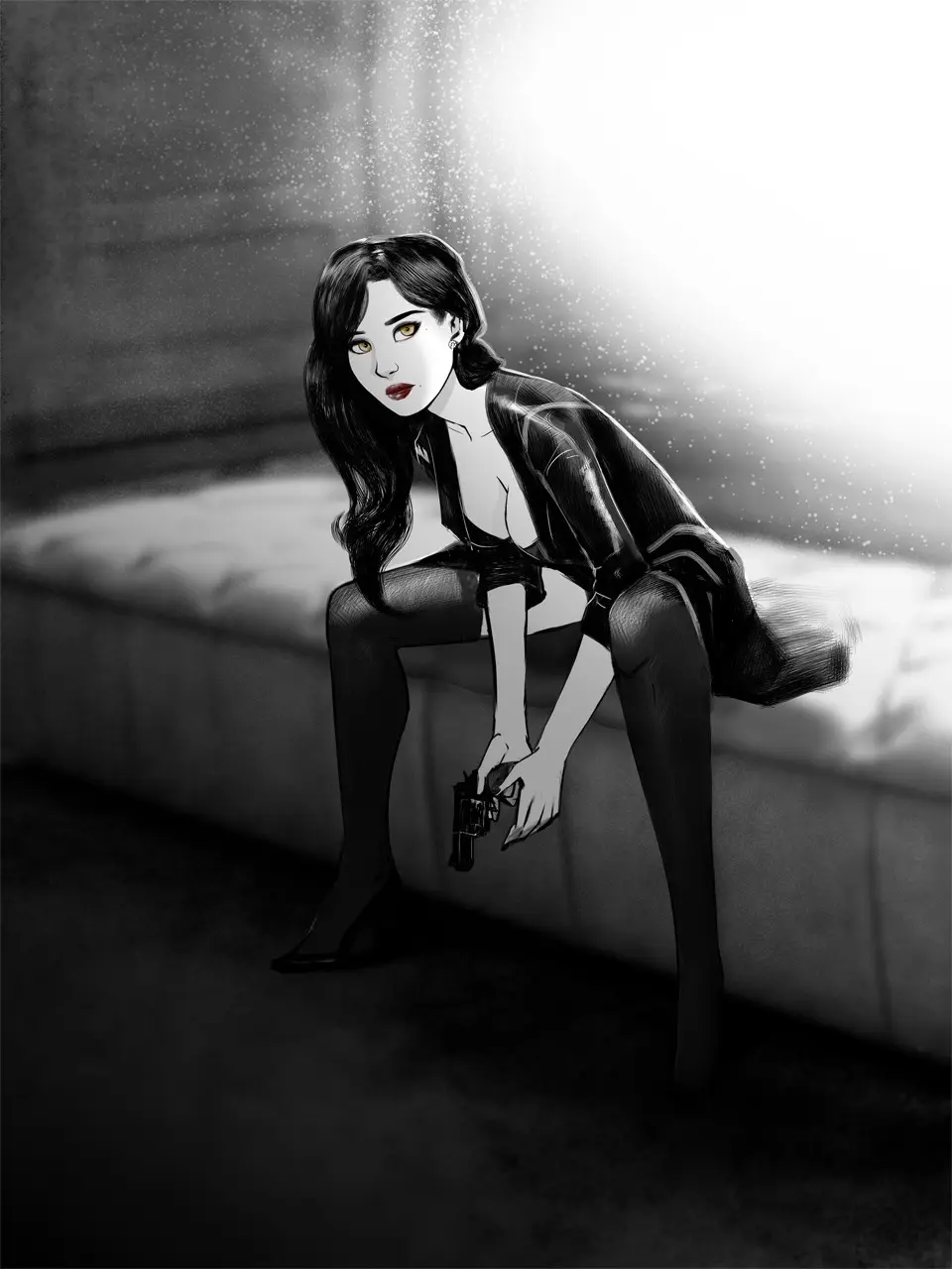 A black-and-white illustrated woman with long dark hair, wearing a black outfit and high heels, sits on a bed holding a…