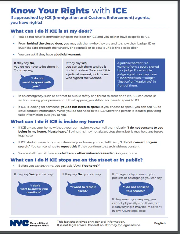 An official NYC fact sheet titled 'Know Your Rights with ICE' outlines what individuals can do if approached by ICE agents…
