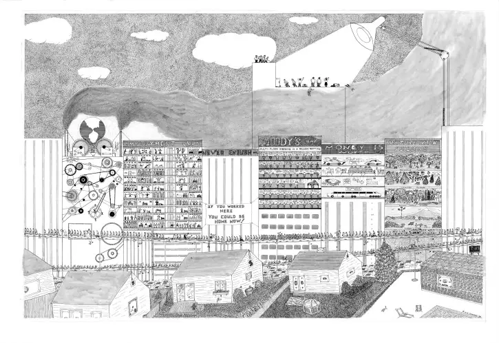 A black-and-white surreal illustration depicts a sprawling, dystopian cityscape with towering buildings labeled 'NEVER…
