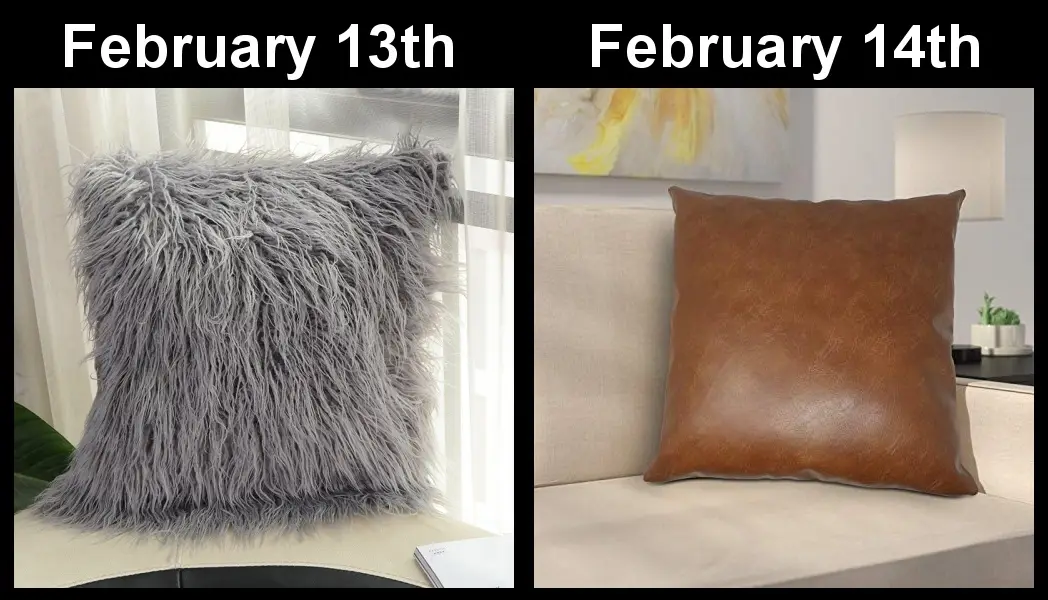 The image displays two side-by-side photos of throw pillows. The left photo, labeled 'February 13th', shows a shaggy, gray…