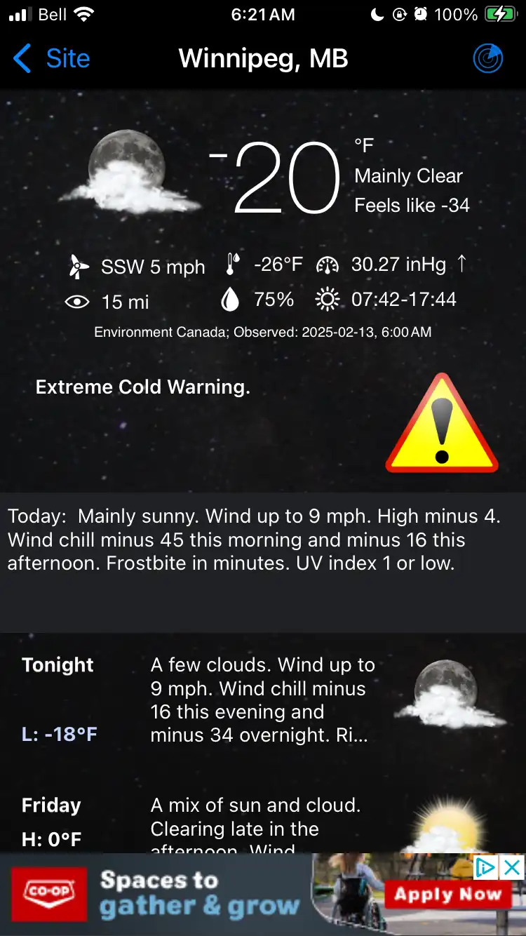 A screenshot of a weather app for Winnipeg, MB, showing an extreme cold warning with a temperature of -20°F and a wind chill…