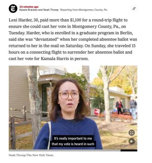 A woman with glasses and a blue sweater looks surprised or concerned while standing outdoors. A text overlay reads 'It's…