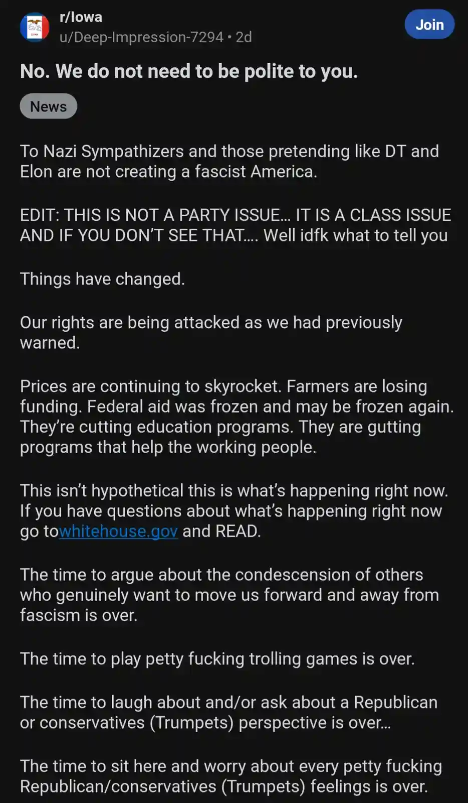 A screenshot of a Reddit post from r/Iowa with a dark background and white text. The post, by user u/Deep-Impression-7294…