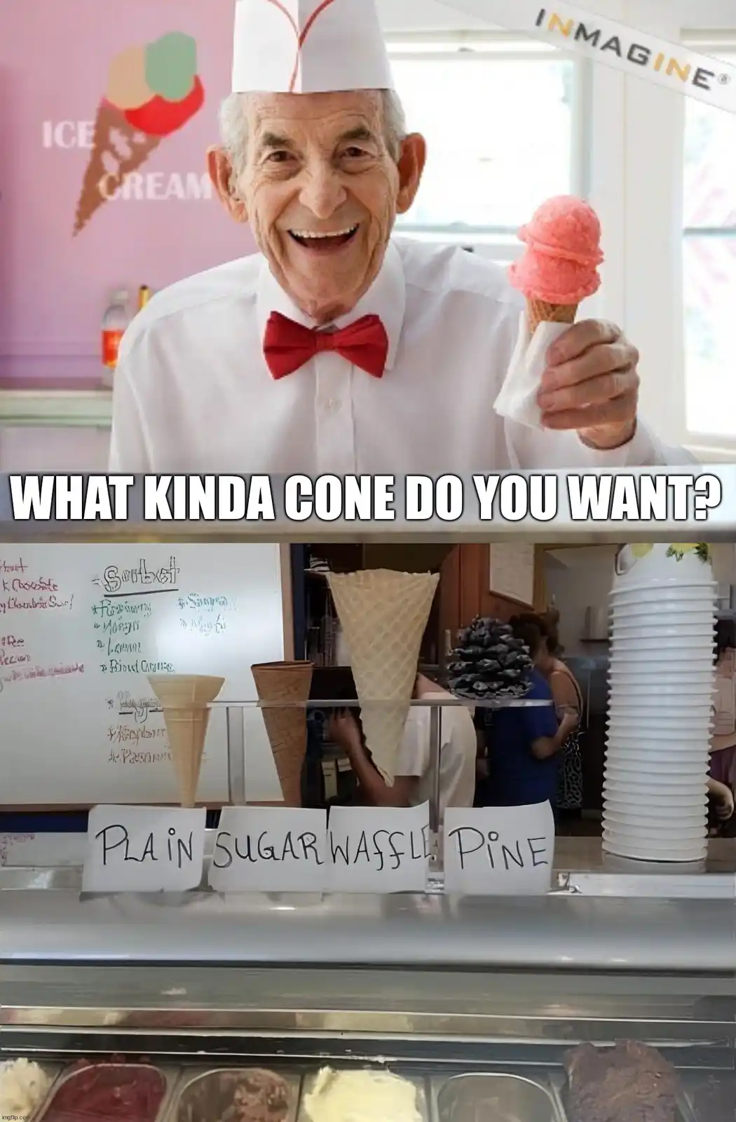 The top panel shows a cheerful elderly ice cream vendor in a white uniform and red bowtie holding a pink ice cream cone. The…