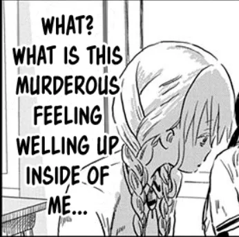 A black-and-white manga panel shows a young girl with braided hair looking down with a distressed expression. Large, bold…