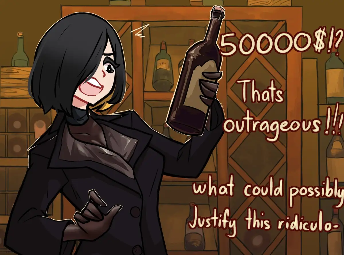 An anime-style woman with short black hair and a dark coat stands in a wine cellar, holding up a bottle of wine with a…