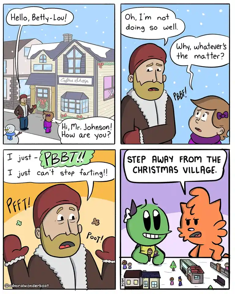 A four-panel comic shows a man named Mr. Johnson greeting a girl named Betty-Lou outside a coffee shop in winter. He…