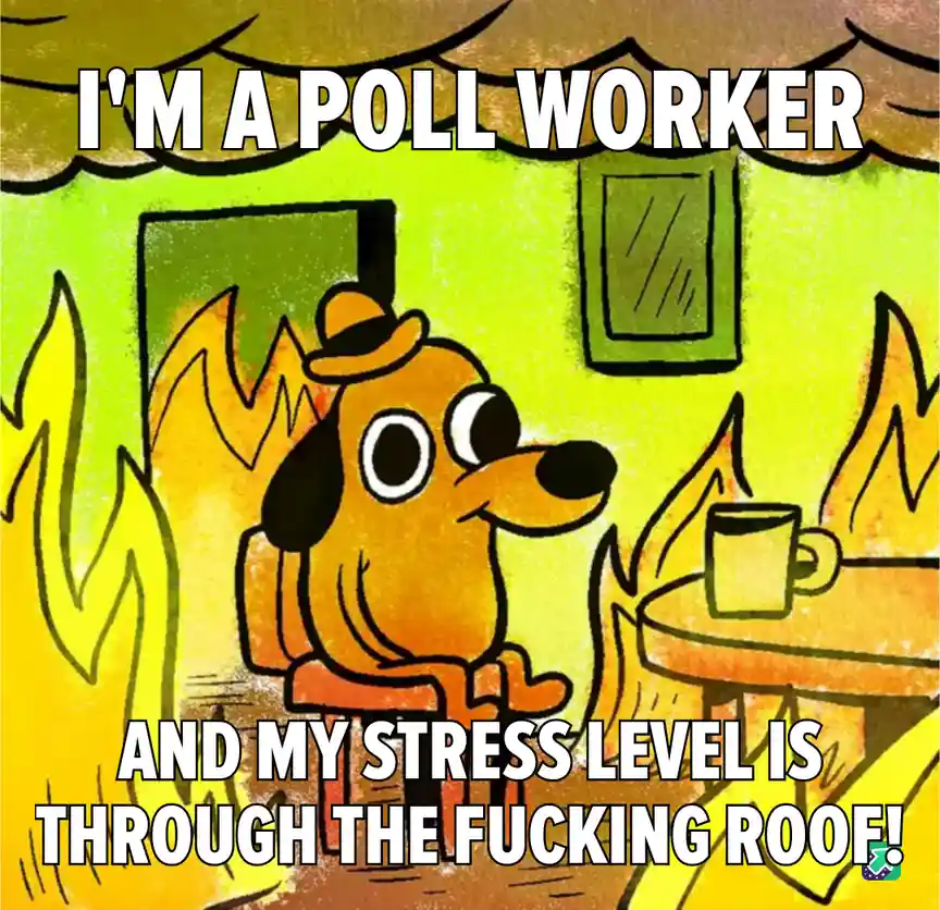 A cartoon dog wearing a hat sits calmly in a room engulfed in flames, with a mug on a table beside it. The text overlaid on…