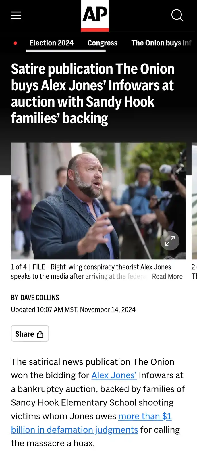 The image shows a screenshot of an AP news article with a headline about The Onion buying Alex Jones' Infowars. The photo…