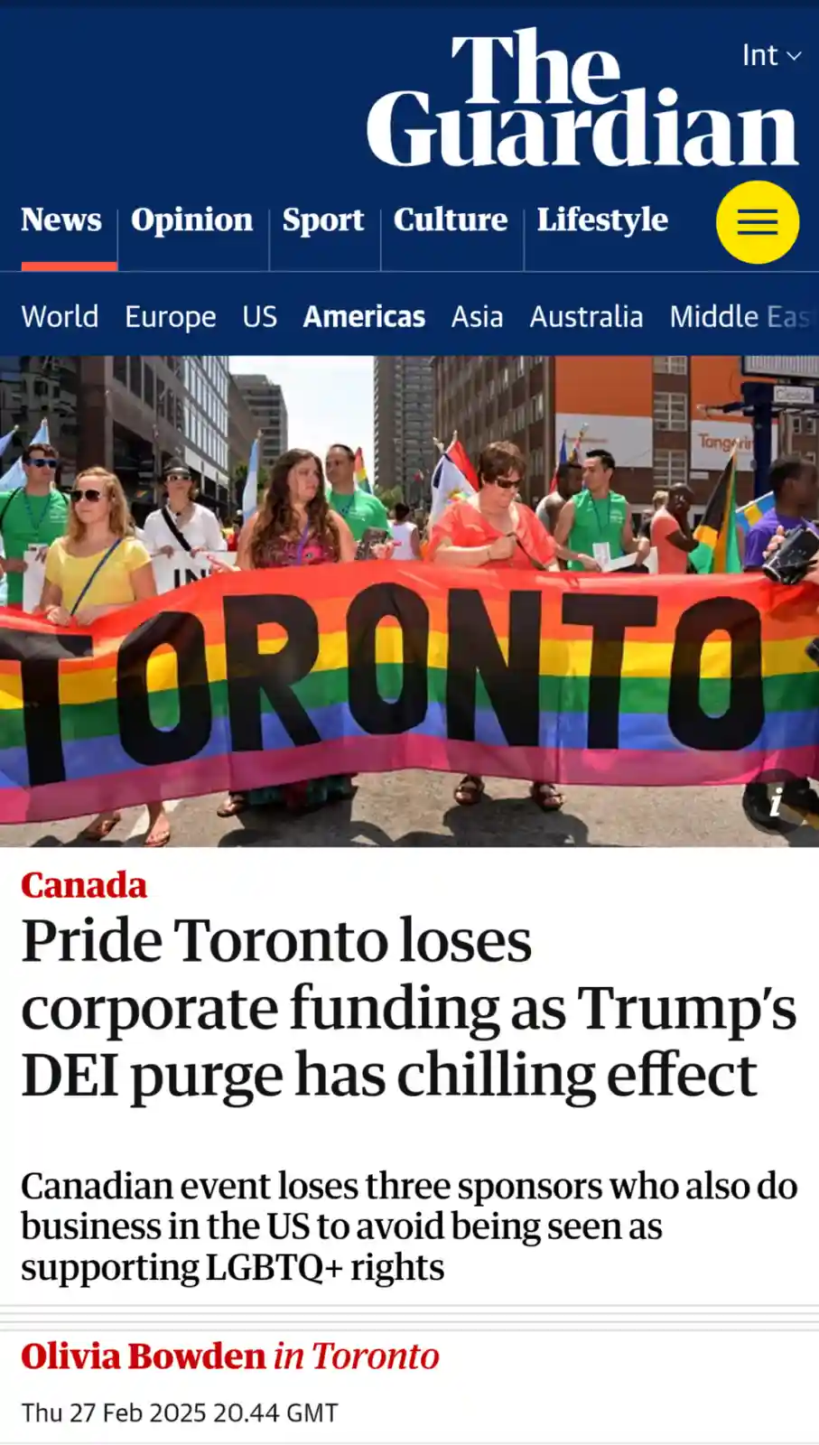 A screenshot of The Guardian's news article about Pride Toronto losing corporate sponsors due to political pressure. The…