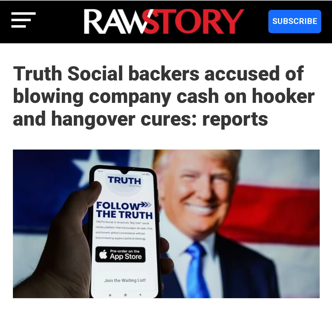 A screenshot of a RawStory news article with the headline 'Truth Social backers accused of blowing company cash on hooker…